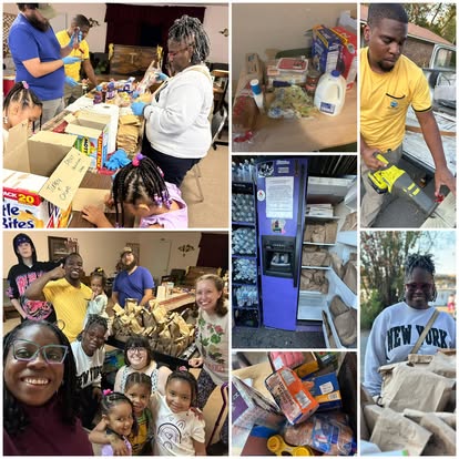 A collage of neighbors packing and sharing groceries at a food distribution