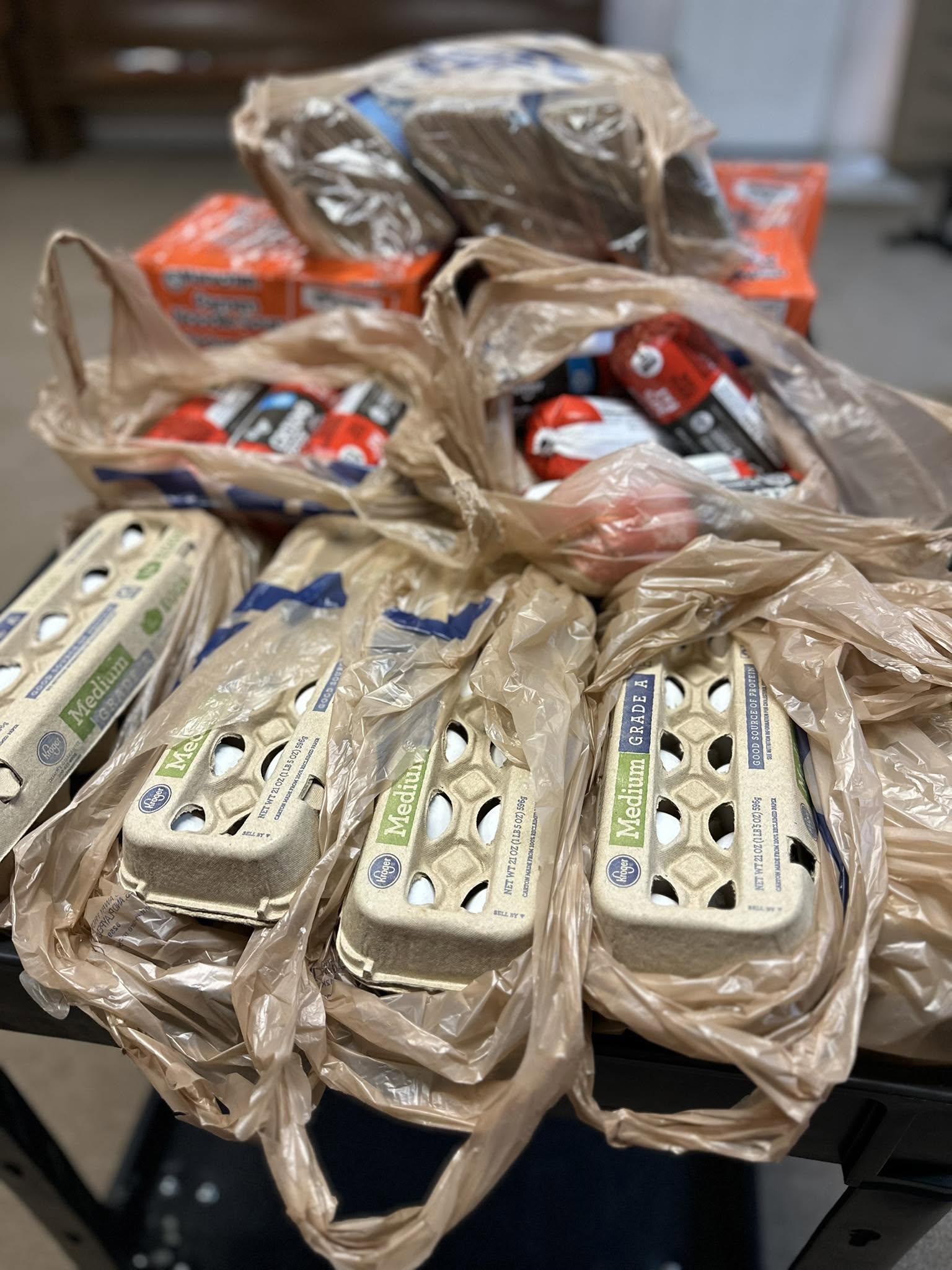 Bags of groceries packed and ready for neighbors